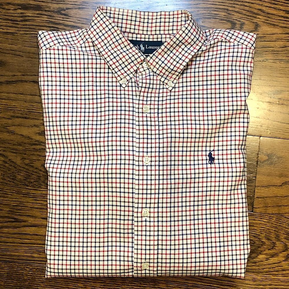RALPH LAUREN Mens Long Sleeve Red Blue Window Pane Button Down Dress Shirt Sz XL